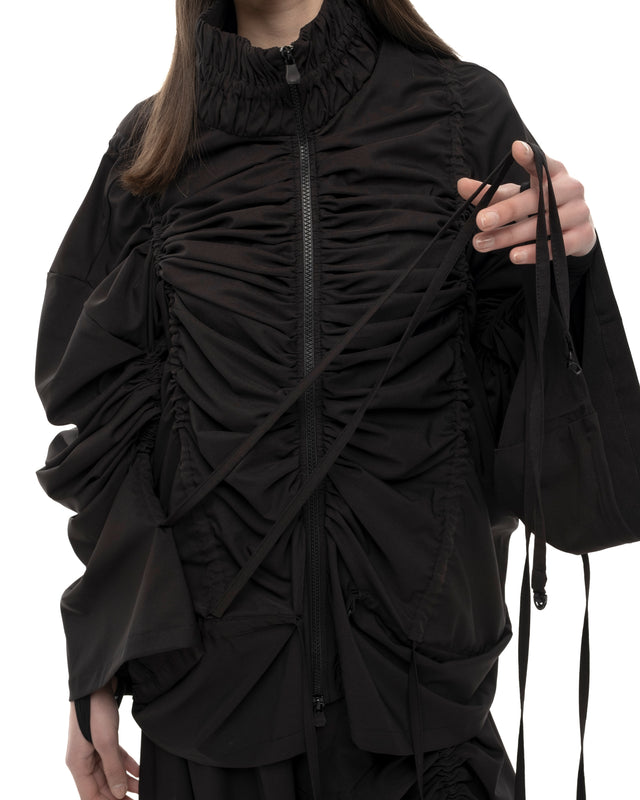 RETENTION BLACK OVERSIZED GATHERED DRAWSTRINGS ZIP UP JACKET