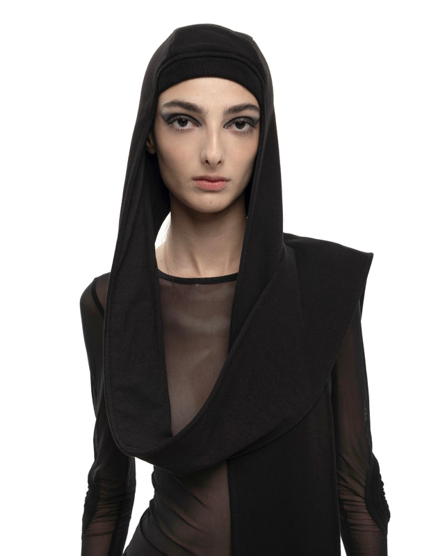 RETENTION BLACK HAT WITH EXTENDED LONG SCARF PANEL