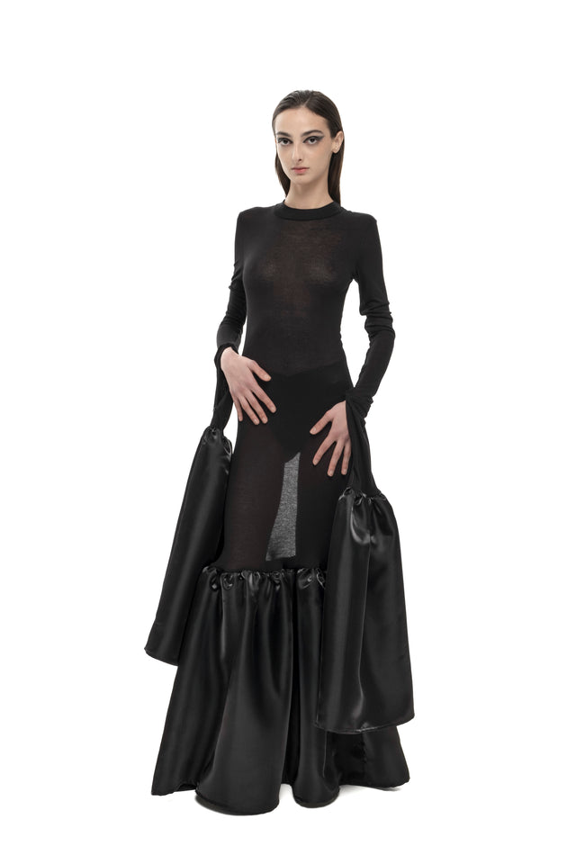 RETENTION BLACK SHEER MAXI DRESS WITH EXAGGERATED LONG PUFFED SLEEVES