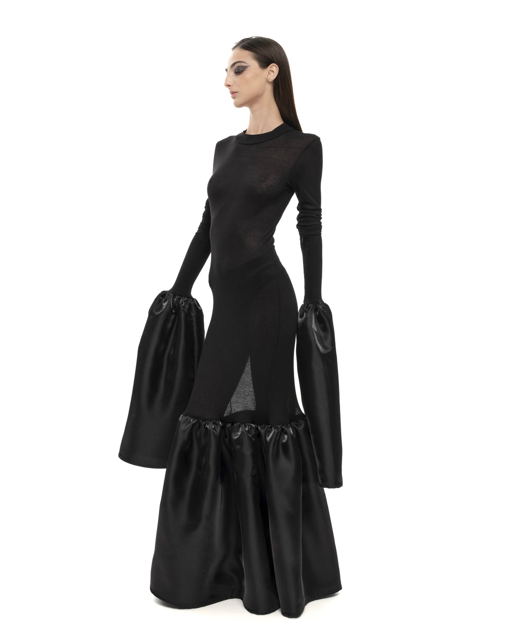 RETENTION Black SHEER MAXI DRESS WITH EXAGGERATED LONG PUFFED SLEEVES S