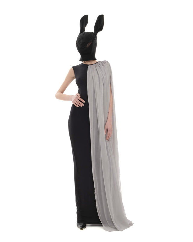 RETENTION BLACK MAXI DRESS WITH DRAPED GRAY SILK PANEL