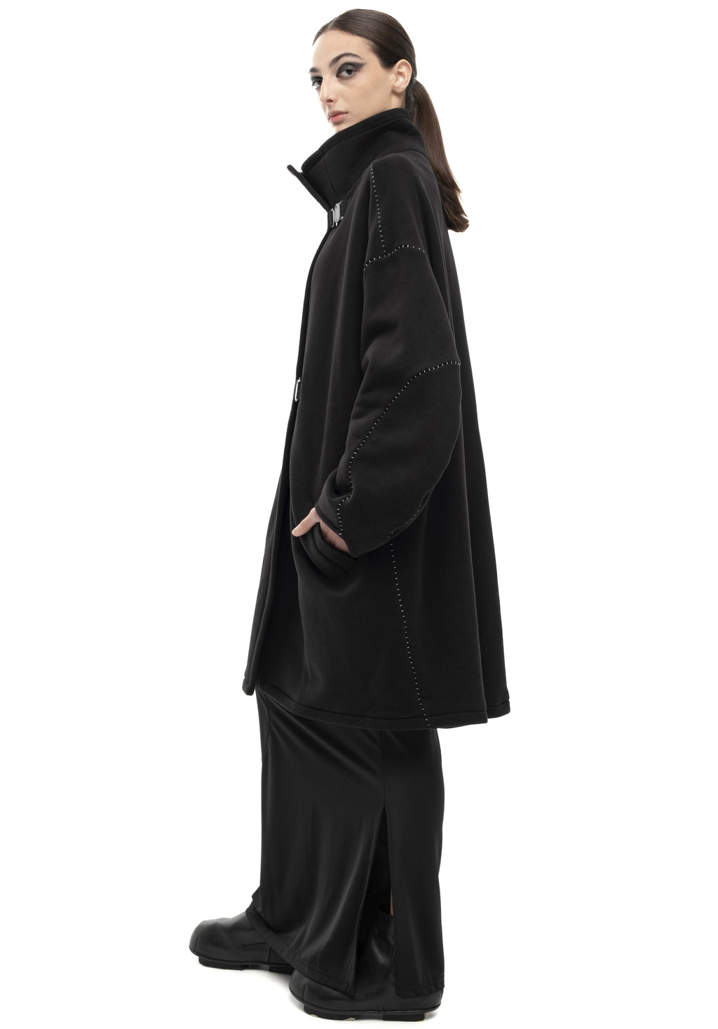 RETENTION BLACK OVERSIZED MID-LENGTH BALLOON-SHAPE SLEEVES COAT