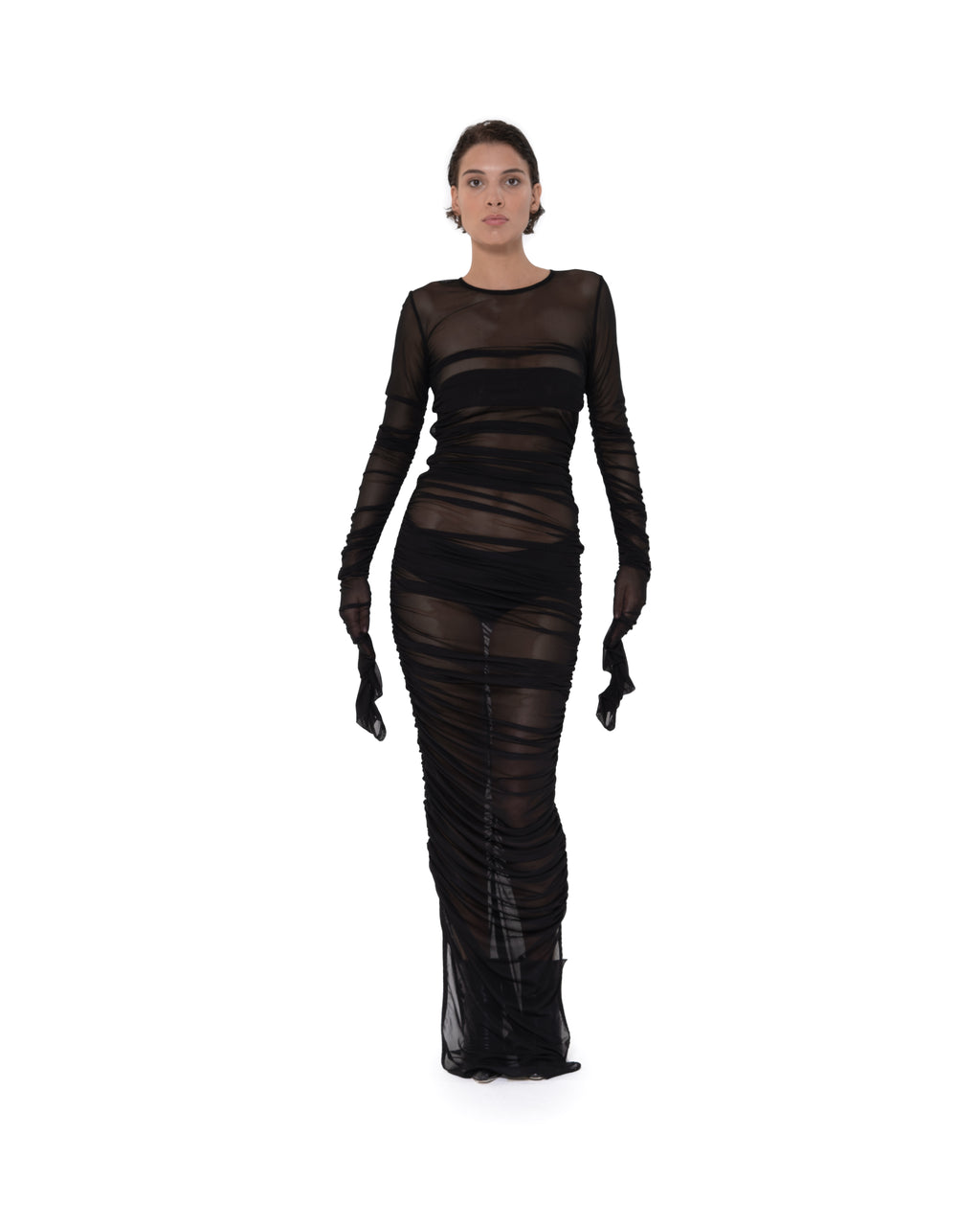 ÉTHER GATHERED SLIM FIT Black SHEER DRESS XS ÉTHER GATHERED SLIM FIT Black SHEER DRESS XS