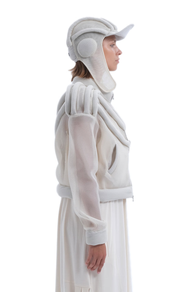 EARS TO EAR(TH) BEIGE STRUCTURED MESH BOMBER JACKET