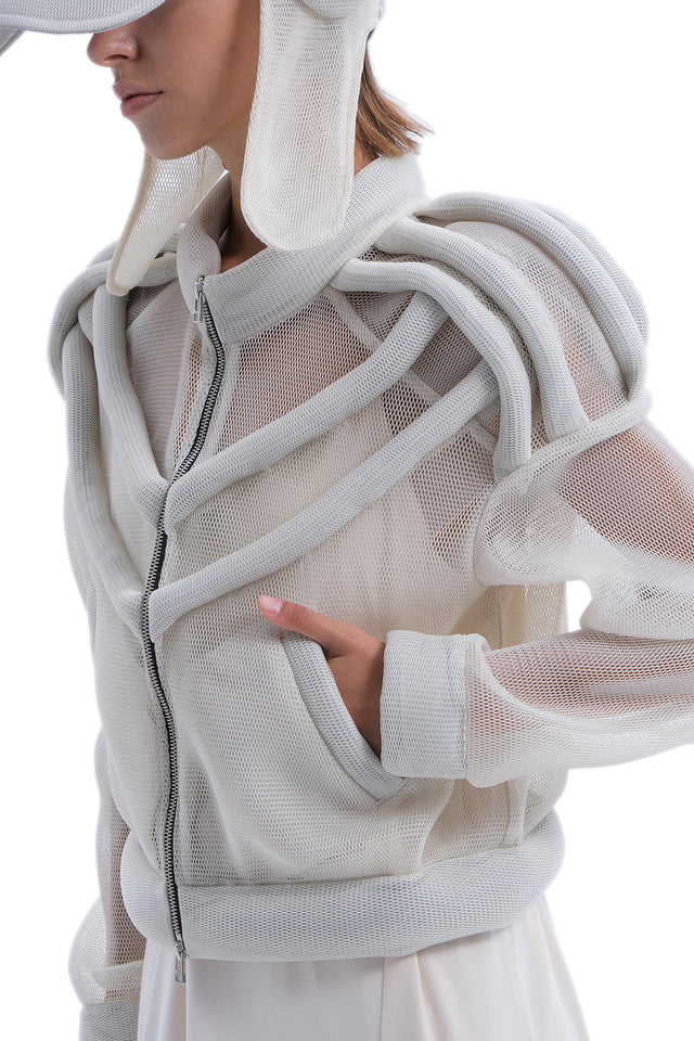 EARS TO EAR(TH) BEIGE STRUCTURED MESH BOMBER JACKET