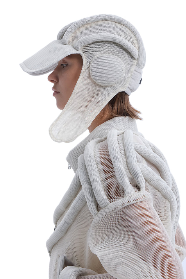 EARS TO EAR(TH) BEIGE STRUCTURED MESH BOMBER JACKET