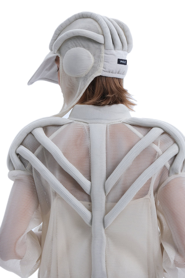 EARS TO EAR(TH) BEIGE STRUCTURED MESH BOMBER JACKET