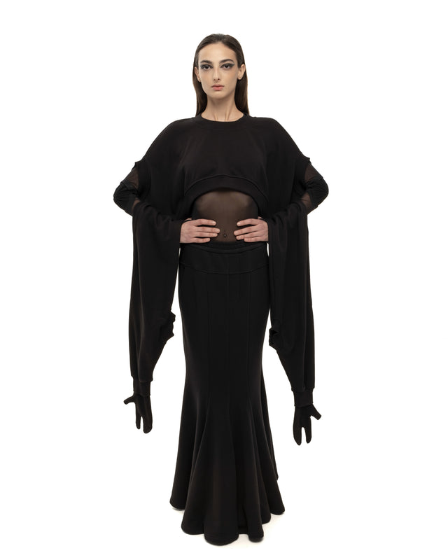 RETENTION BLACK CROPPED SWEATSHIRT WITH EXAGGERATED LONG SLEEVES WITH TABI GLOVES