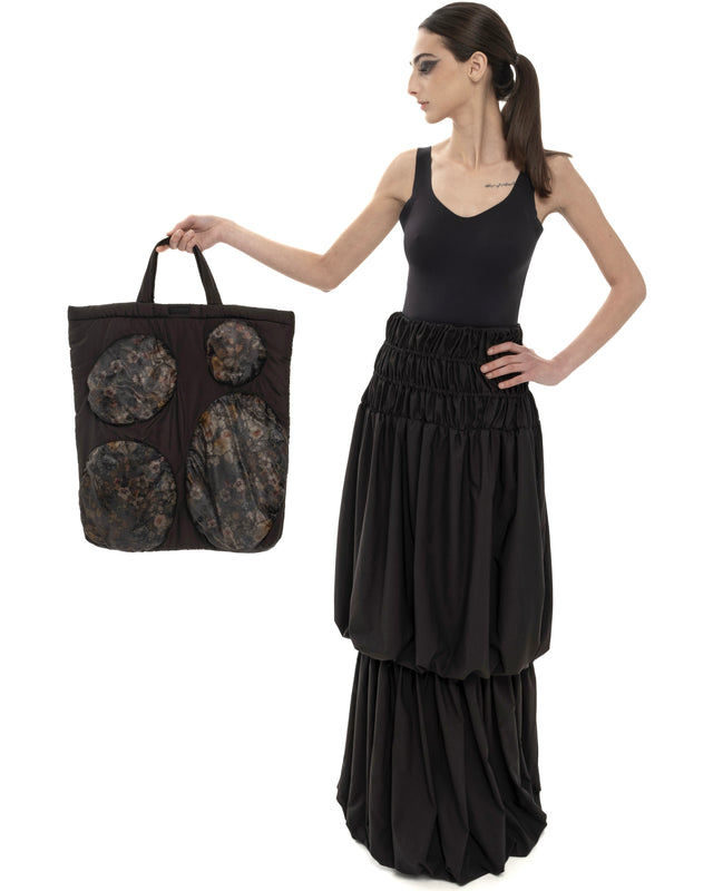 RETENTION FLOWER-TEXTURED BLACK PADDED TOTE BAG