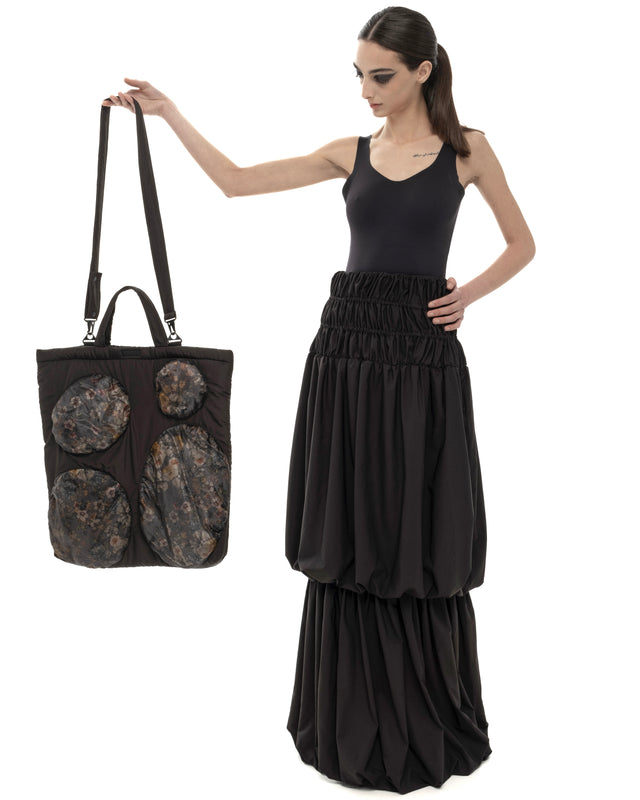 RETENTION FLOWER-TEXTURED BLACK PADDED TOTE BAG