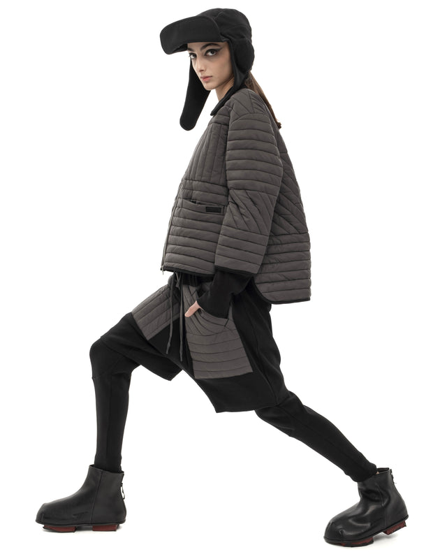 RETENTION CHARCOAL SHADE PADDED QUILTED CROPPED JACKET