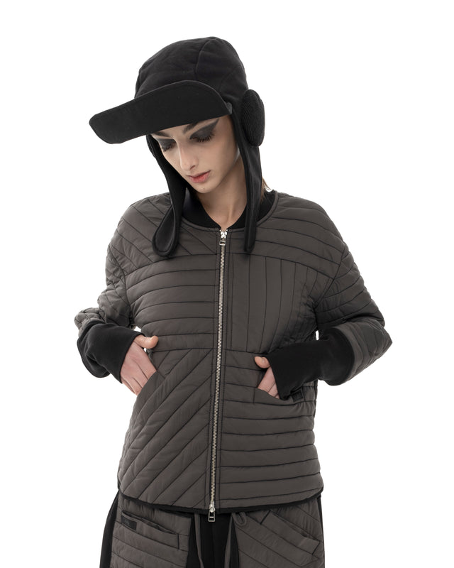 RETENTION CHARCOAL SHADE PADDED QUILTED CROPPED JACKET