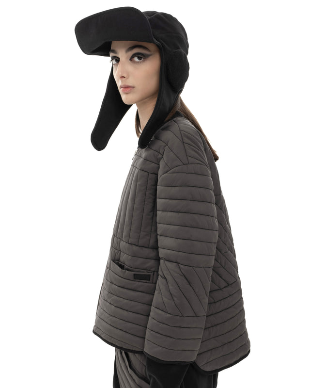 RETENTION CHARCOAL SHADE PADDED QUILTED CROPPED JACKET