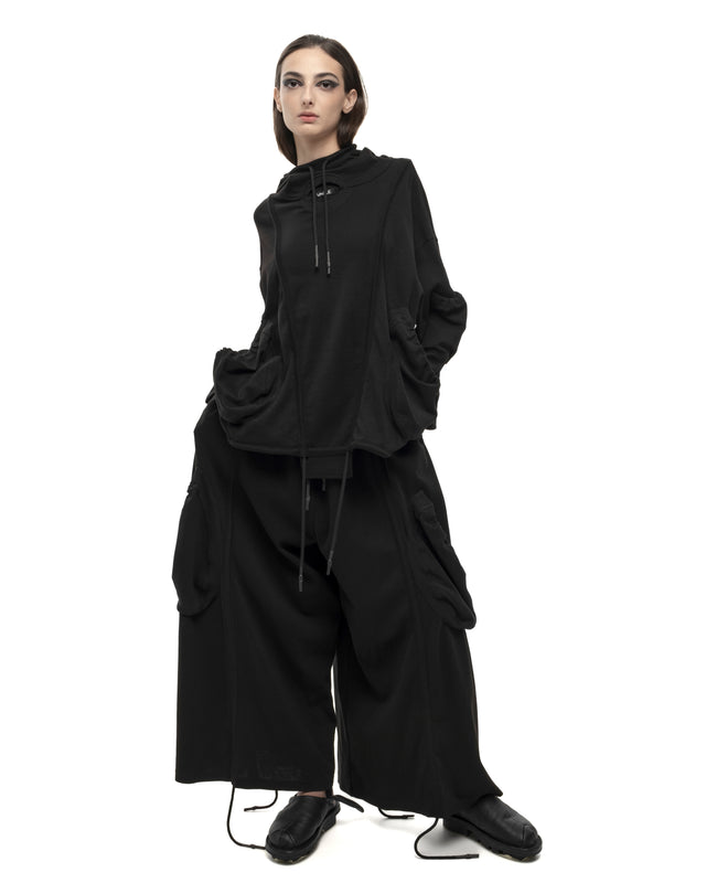 RETENTION BLACK OVERSIZED HOODED GATHERED DRAWSTRINGS SWEATSHIRT