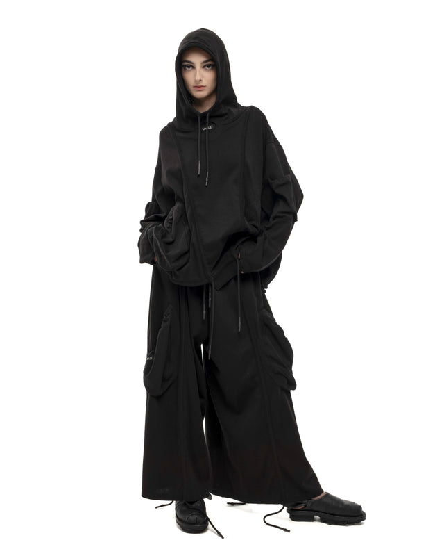 RETENTION BLACK OVERSIZED HOODED GATHERED DRAWSTRINGS SWEATSHIRT