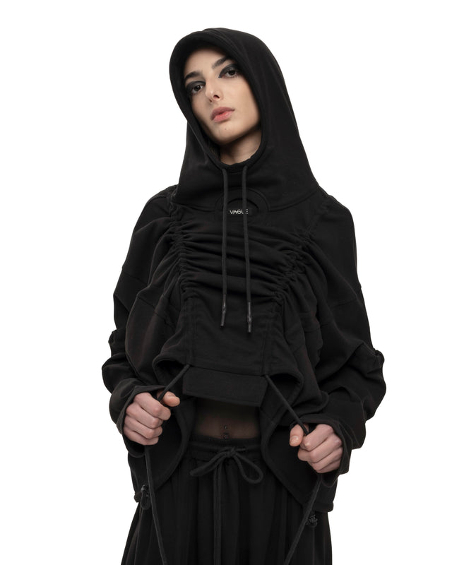 RETENTION BLACK OVERSIZED HOODED GATHERED DRAWSTRINGS SWEATSHIRT