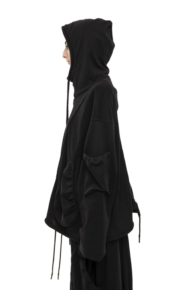 RETENTION BLACK OVERSIZED HOODED GATHERED DRAWSTRINGS SWEATSHIRT