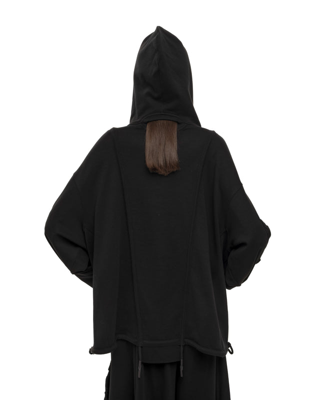 RETENTION BLACK OVERSIZED HOODED GATHERED DRAWSTRINGS SWEATSHIRT