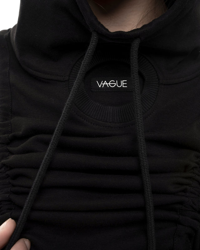RETENTION BLACK OVERSIZED HOODED GATHERED DRAWSTRINGS SWEATSHIRT