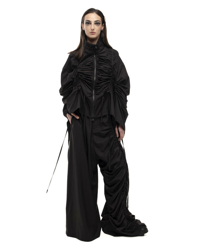 RETENTION BLACK WIDE-LEG ASYMMETRIC GATHERED PANEL TROUSERS
