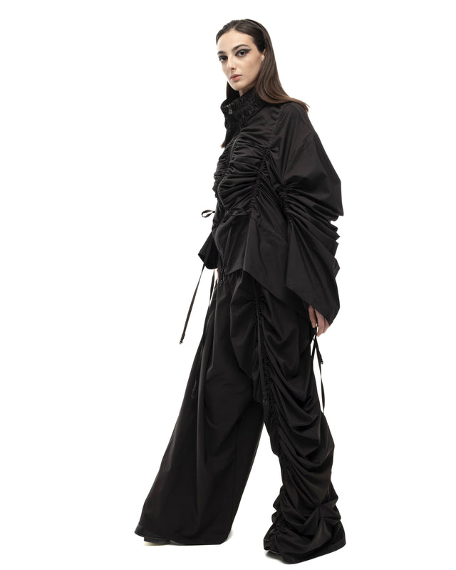 RETENTION BLACK OVERSIZED GATHERED DRAWSTRINGS ZIP UP JACKET
