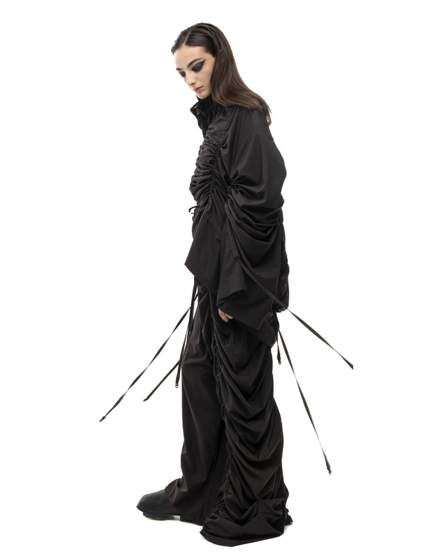 RETENTION BLACK OVERSIZED GATHERED DRAWSTRINGS ZIP UP JACKET