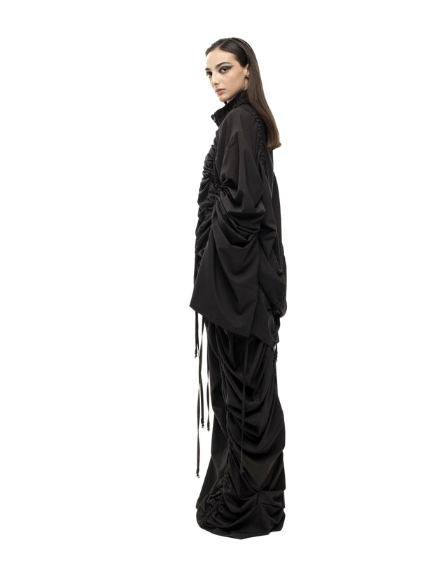 RETENTION BLACK OVERSIZED GATHERED DRAWSTRINGS ZIP UP JACKET