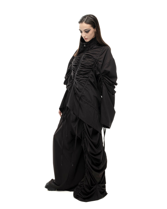 RETENTION BLACK OVERSIZED GATHERED DRAWSTRINGS ZIP UP JACKET