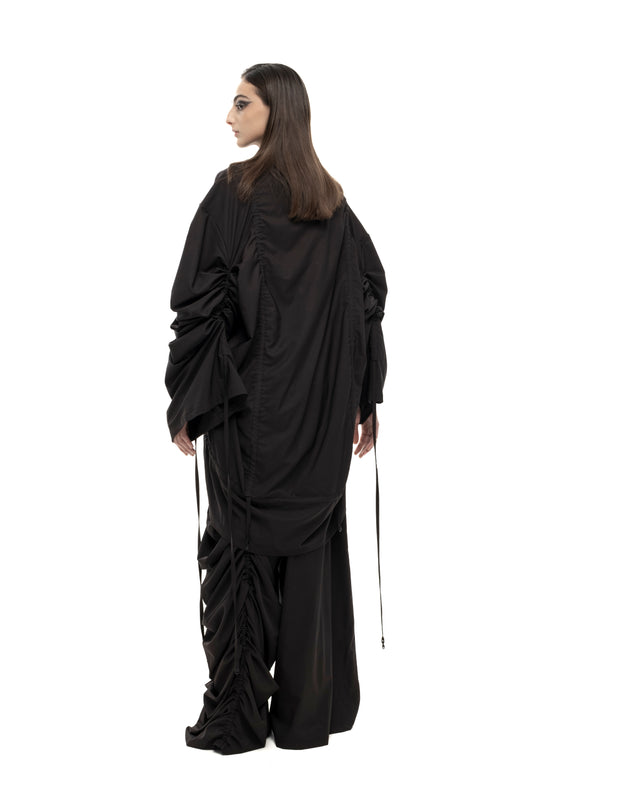 RETENTION BLACK OVERSIZED GATHERED DRAWSTRINGS ZIP UP JACKET