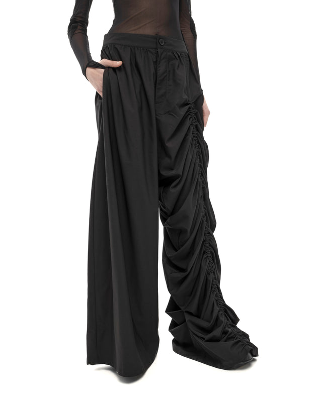 RETENTION BLACK WIDE-LEG ASYMMETRIC GATHERED PANEL TROUSERS