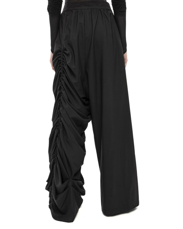 RETENTION BLACK WIDE-LEG ASYMMETRIC GATHERED PANEL TROUSERS