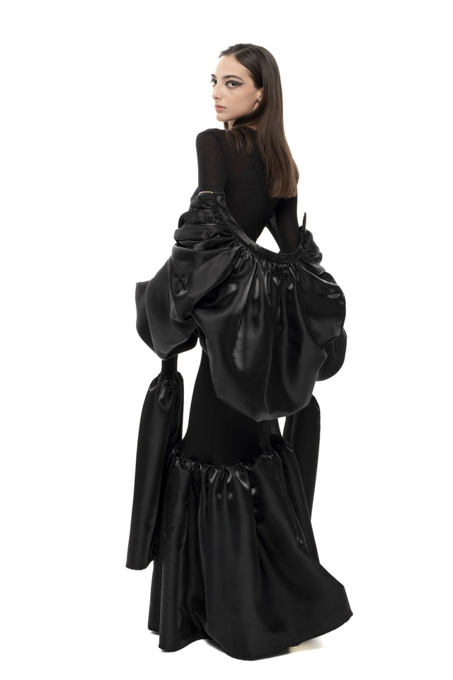 RETENTION BLACK SHEER MAXI DRESS WITH EXAGGERATED LONG PUFFED SLEEVES