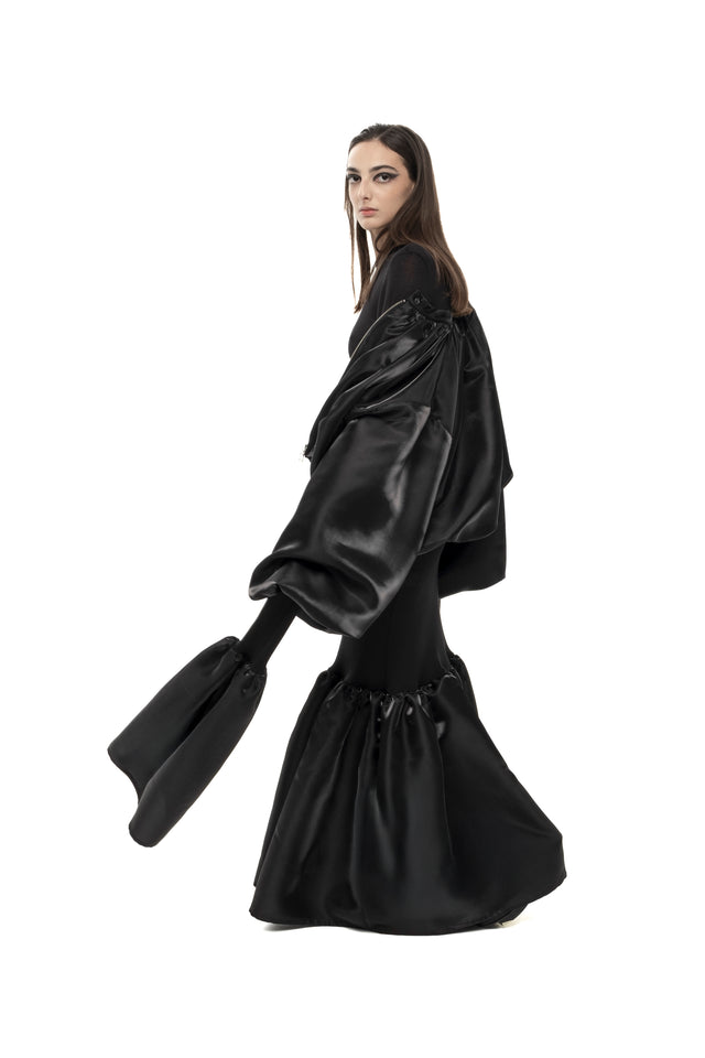 RETENTION BLACK SHEER MAXI DRESS WITH EXAGGERATED LONG PUFFED SLEEVES