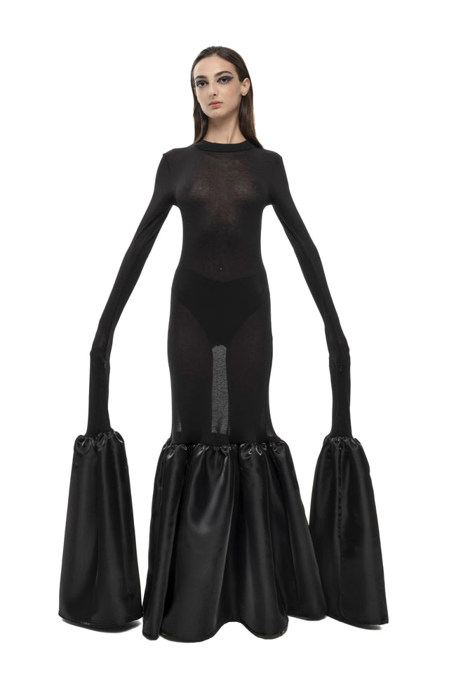 RETENTION BLACK SHEER MAXI DRESS WITH EXAGGERATED LONG PUFFED SLEEVES