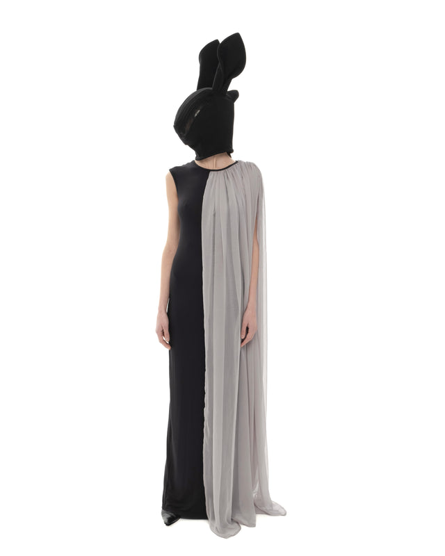 RETENTION BLACK MAXI DRESS WITH DRAPED GRAY SILK PANEL