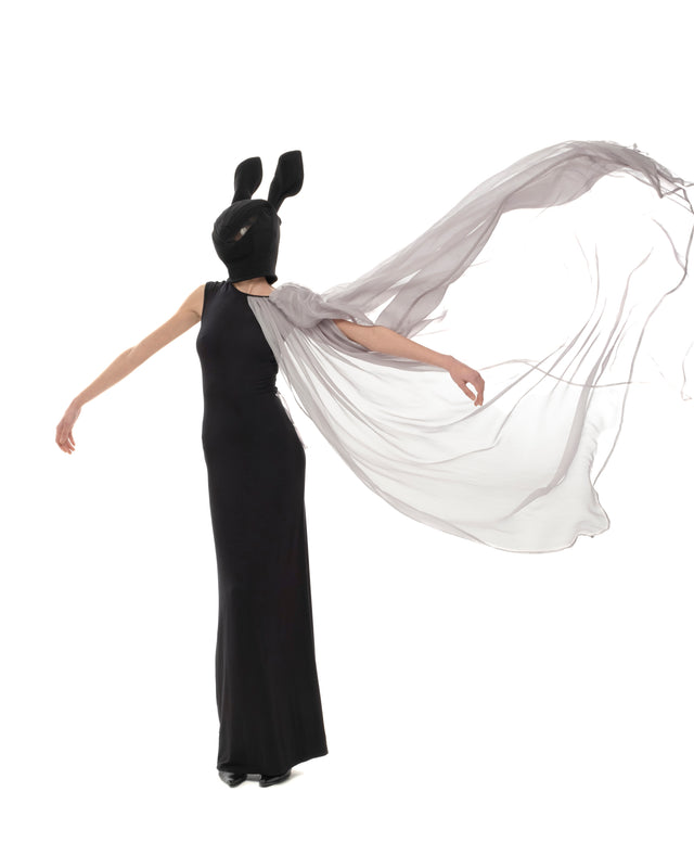 RETENTION BLACK MAXI DRESS WITH DRAPED GRAY SILK PANEL