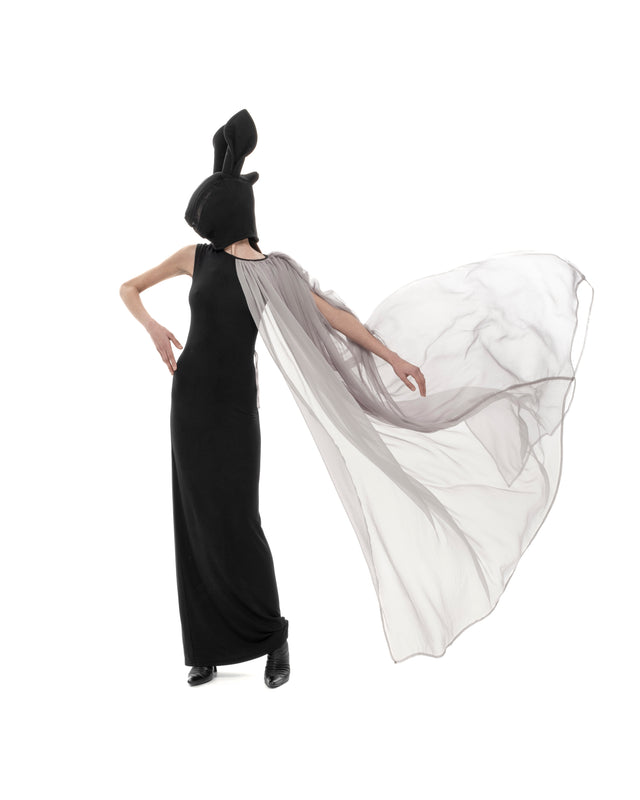 RETENTION BLACK MAXI DRESS WITH DRAPED GRAY SILK PANEL