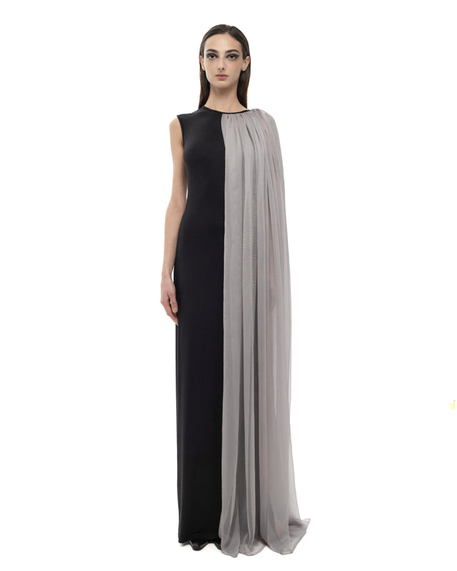 RETENTION BLACK MAXI DRESS WITH DRAPED GRAY SILK PANEL