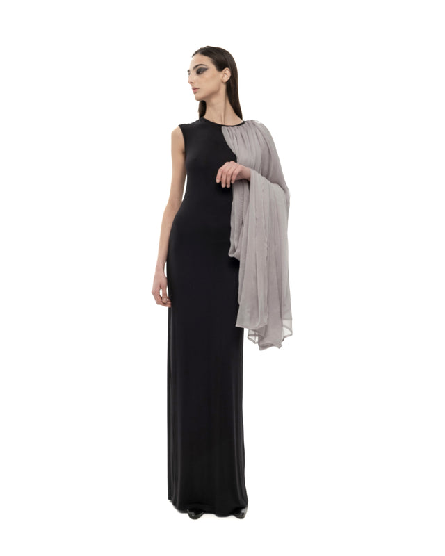 RETENTION BLACK MAXI DRESS WITH DRAPED GRAY SILK PANEL