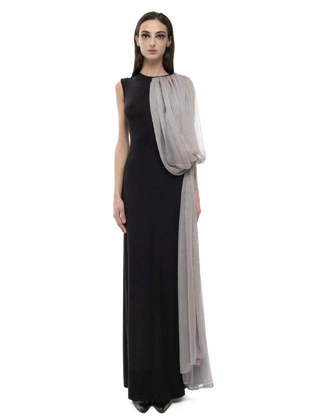 RETENTION BLACK MAXI DRESS WITH DRAPED GRAY SILK PANEL