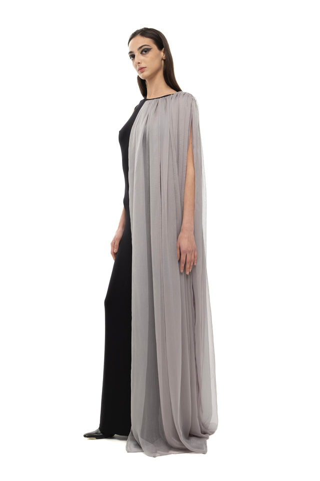 RETENTION BLACK MAXI DRESS WITH DRAPED GRAY SILK PANEL