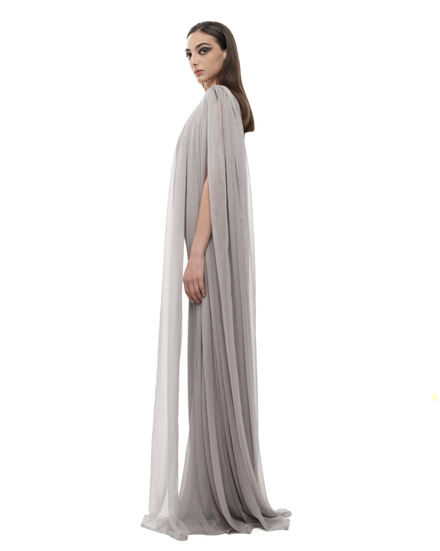 RETENTION BLACK MAXI DRESS WITH DRAPED GRAY SILK PANEL