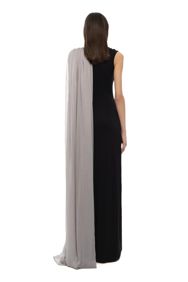 RETENTION BLACK MAXI DRESS WITH DRAPED GRAY SILK PANEL
