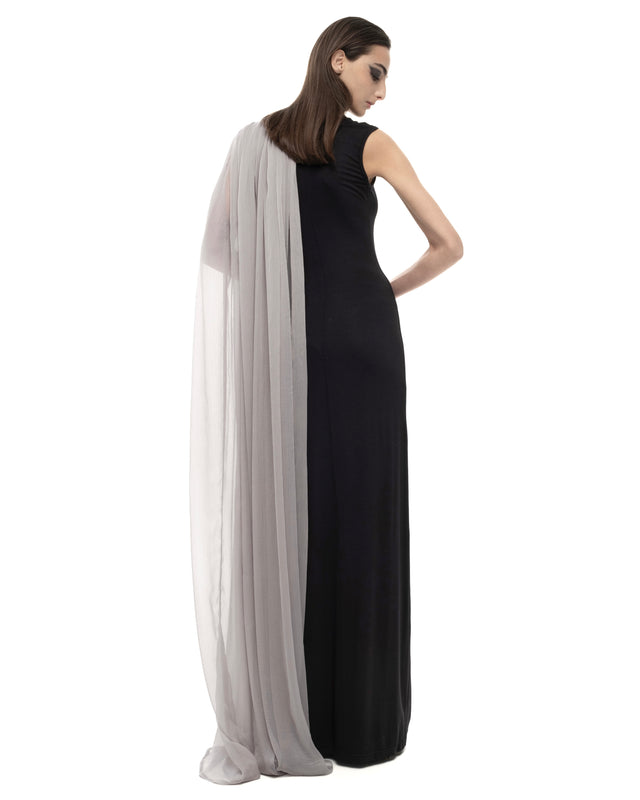 RETENTION BLACK MAXI DRESS WITH DRAPED GRAY SILK PANEL