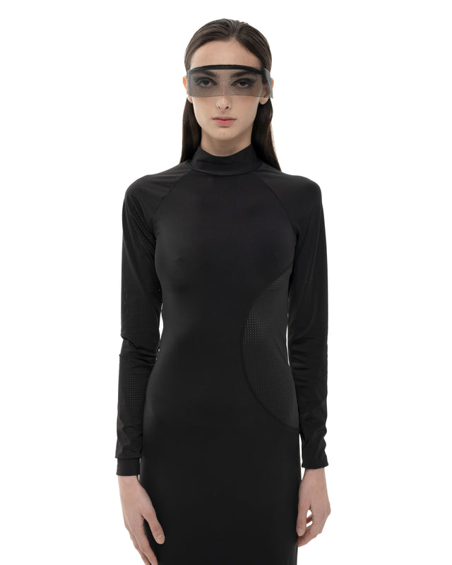 RETENTION BLACK LONG-SLEEVED, FORM-FITTING DRESS WITH SEMI-SHEER TEXTURAL DETAILS