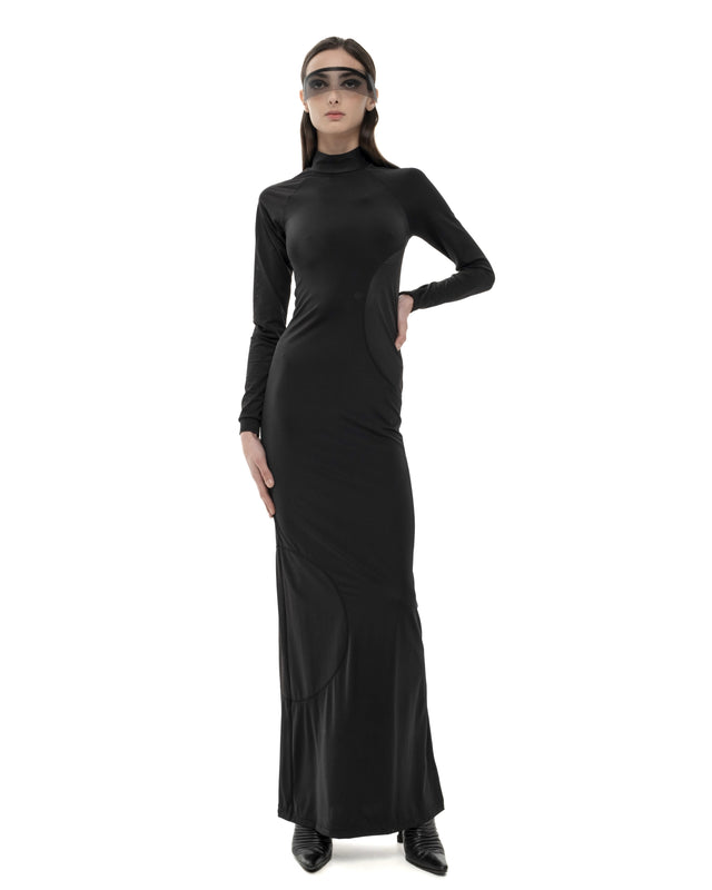 RETENTION BLACK LONG-SLEEVED, FORM-FITTING DRESS WITH SEMI-SHEER TEXTURAL DETAILS