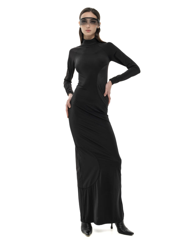 RETENTION BLACK LONG-SLEEVED, FORM-FITTING DRESS WITH SEMI-SHEER TEXTURAL DETAILS