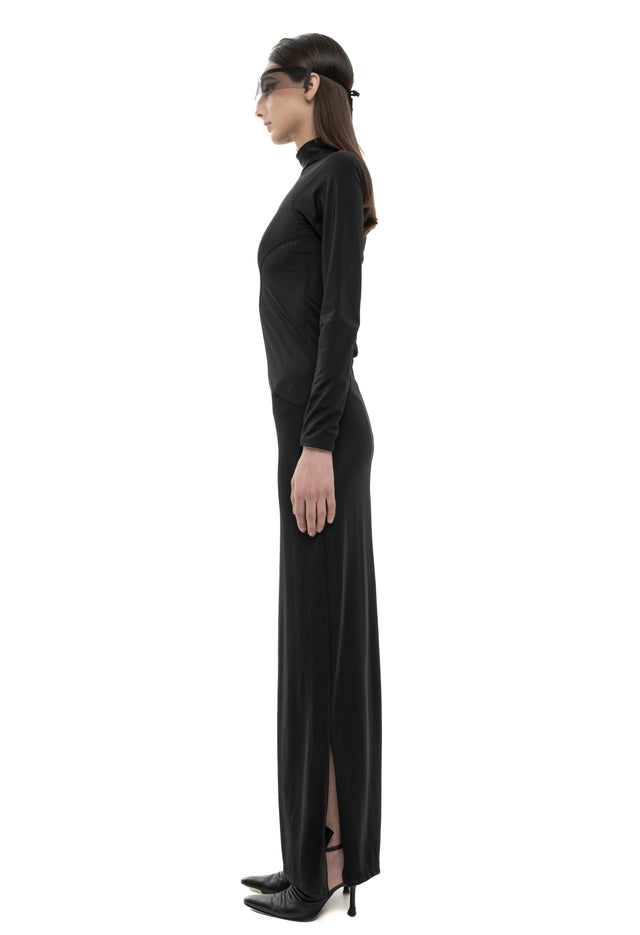 RETENTION BLACK LONG-SLEEVED, FORM-FITTING DRESS WITH SEMI-SHEER TEXTURAL DETAILS