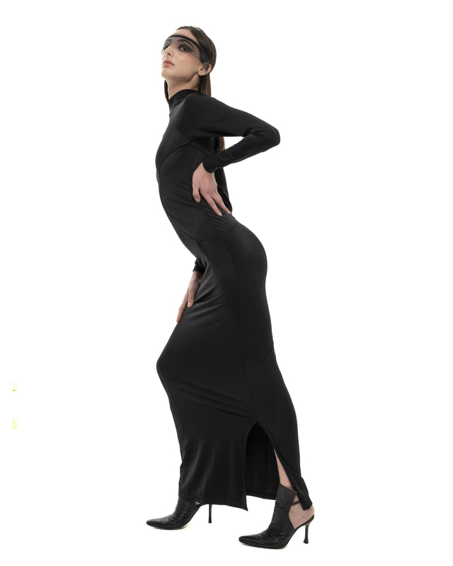 RETENTION BLACK LONG-SLEEVED, FORM-FITTING DRESS WITH SEMI-SHEER TEXTURAL DETAILS