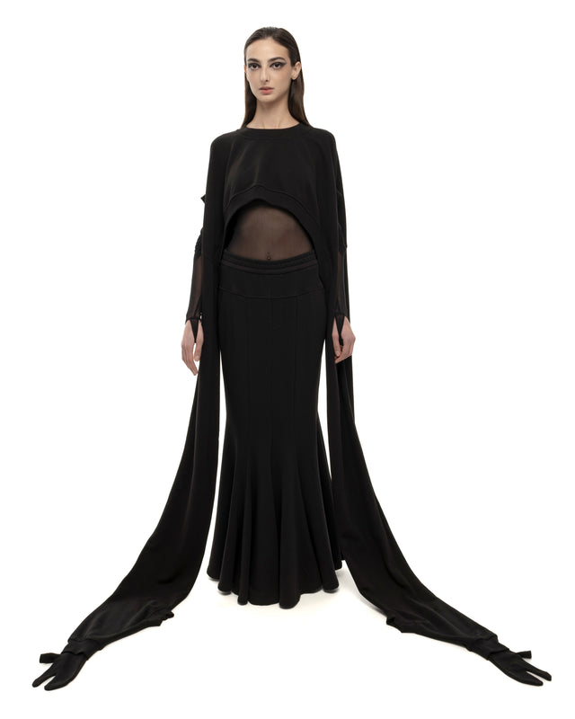 RETENTION BLACK CROPPED SWEATSHIRT WITH EXAGGERATED LONG SLEEVES WITH TABI GLOVES